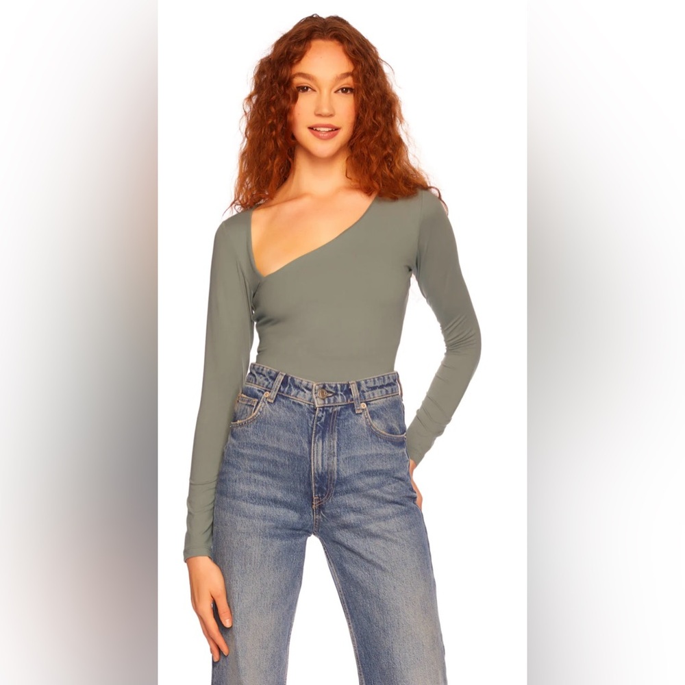 NEW Susana Monaco diagonal neckline Top Green Gray Size S Long Sleeve